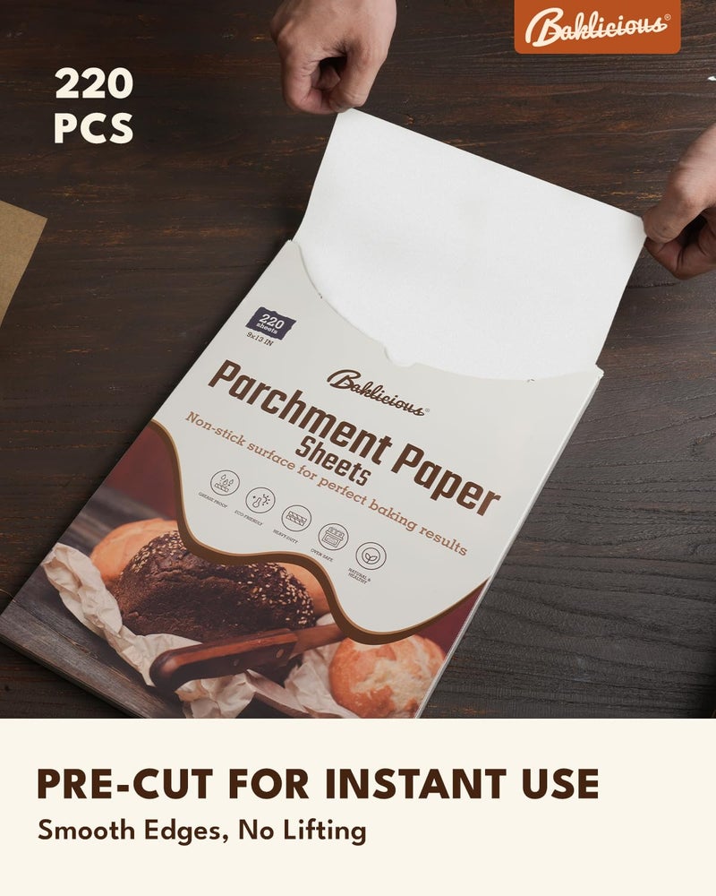 BAKLICIOUS 220 Pcs 9x13 In Parchment Paper Sheets, Baklicious Pre-Cut Non-Stick Parchment Baking Paper for Air Fryer, Oven, Bakeware, Steaming, Cooking Bread, Cupcake, Meat, Cookies - Image 2